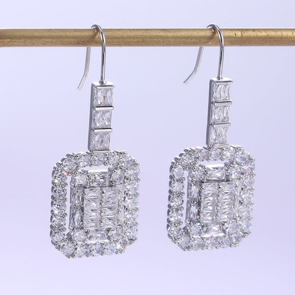 NEW Silver Baguette Round Diamond Drop Earrings 1 - Picture 4 of 6